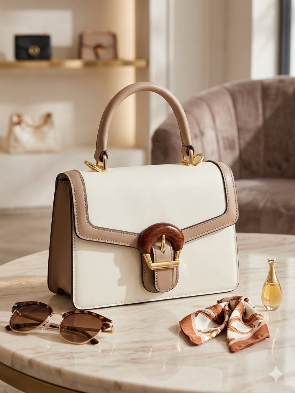 Cream and Brown Top-Handle Mini Satchel Purse